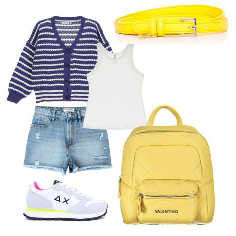 Outfit donna - Summer Camp. Stile Casual per Tutti i giorni. Abbinamento con shorts, cinture, cardigans, canottiere, sneakers, zaini.