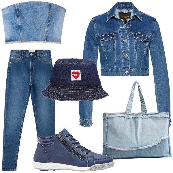 Outfit donna - Total denim. Stile Casual chic per Tutti i giorni. Abbinamento con sneakers alte, blazer, top, jeans skinny, shopping bag, cappelli.