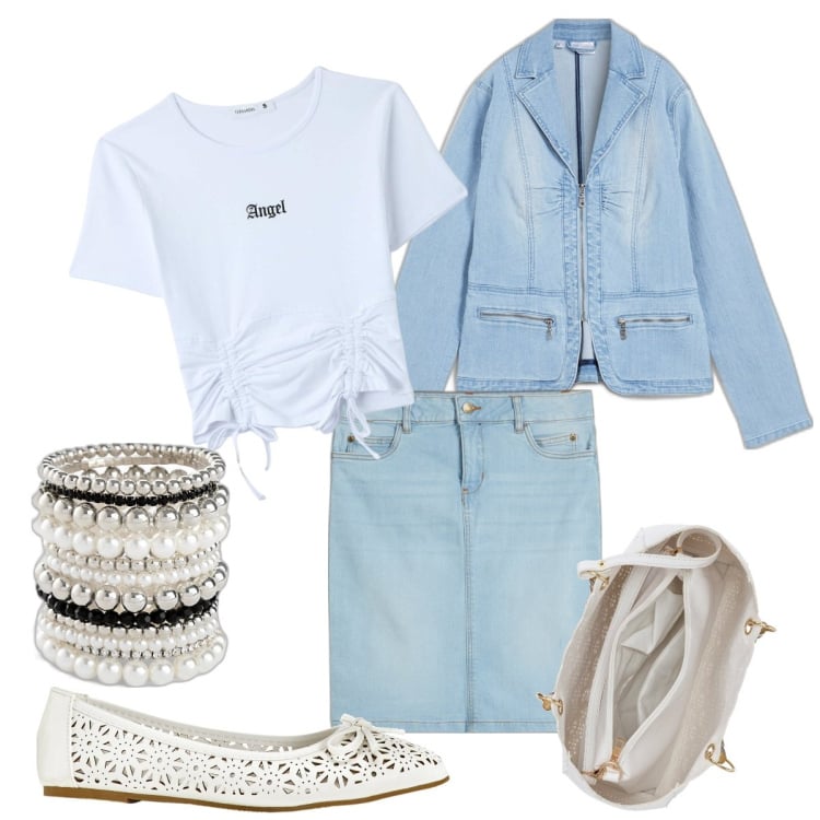 Outfit donna - Primavera/estate. Stile Trendy per Tutti i giorni. Abbinamento con braccialetti, gonne, borse a mano, blazer, ballerine, t-shirt.