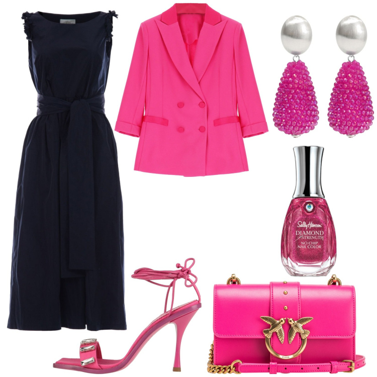 Outfit donna - Blu e fucsia. Stile Chic per Cerimonia. Abbinamento con orecchini, sandali in pelle, smalti, borse a tracolla, blazer, vestiti.