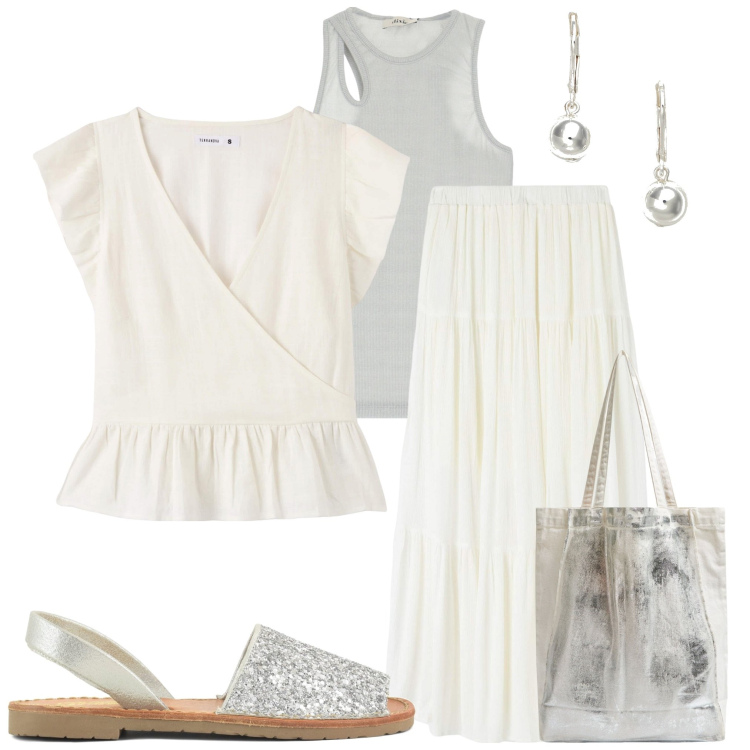 Outfit donna - Bianco e argento. Stile Casual per Tutti i giorni. Abbinamento con shopping bag, bluse, gonne lunghe, top, orecchini, sandali.