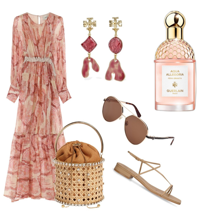 Outfit donna - Sandalo essenziale. Stile Boho per Mare. Abbinamento con profumi, vestiti lunghi, orecchini, occhiali da sole, borse a mano, sandali in pelle.