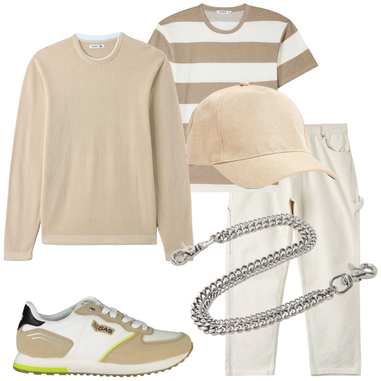 Outfit uomo - Domenica al lago. Stile Casual per Tutti i giorni. Abbinamento con t-shirt, maglieria, cappelli, pantaloni, scarpe sportive, orologi.