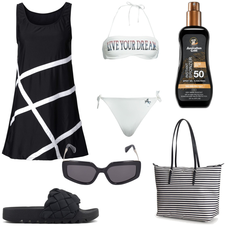 Outfit donna - Primi giorni in spiaggia. Stile Basic per Mare. Abbinamento con vestiti da spiaggia, bikini, terre, borse tote, ciabatte, occhiali da sole.