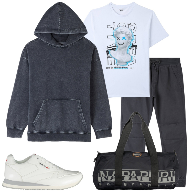 Outfit uomo - In palestra. Stile Casual per Sport. Abbinamento con pantaloni, felpe con cappuccio, t-shirt, borse sportive, scarpe sportive.