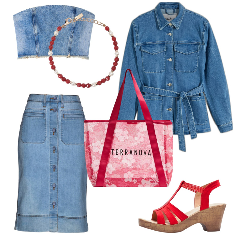 Outfit donna - Total denim. 2. Stile Casual chic per Tutti i giorni. Abbinamento con gonne, sandali, blazer, top, shopping bag, braccialetti.