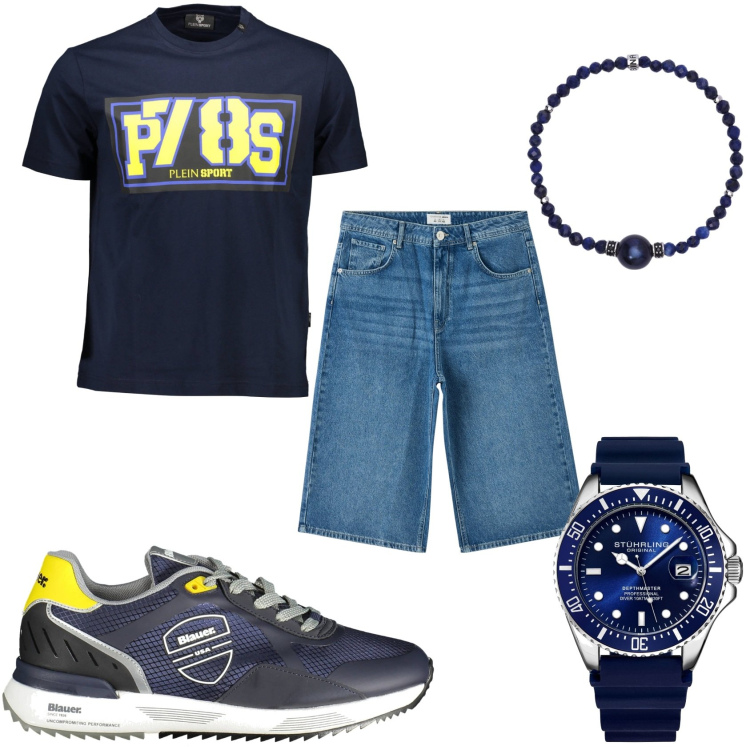Outfit uomo - In bermuda e maglietta da giovane. Stile Casual per Tutti i giorni. Abbinamento con orologi, pantaloni corti, braccialetti, t-shirt, scarpe sportive.