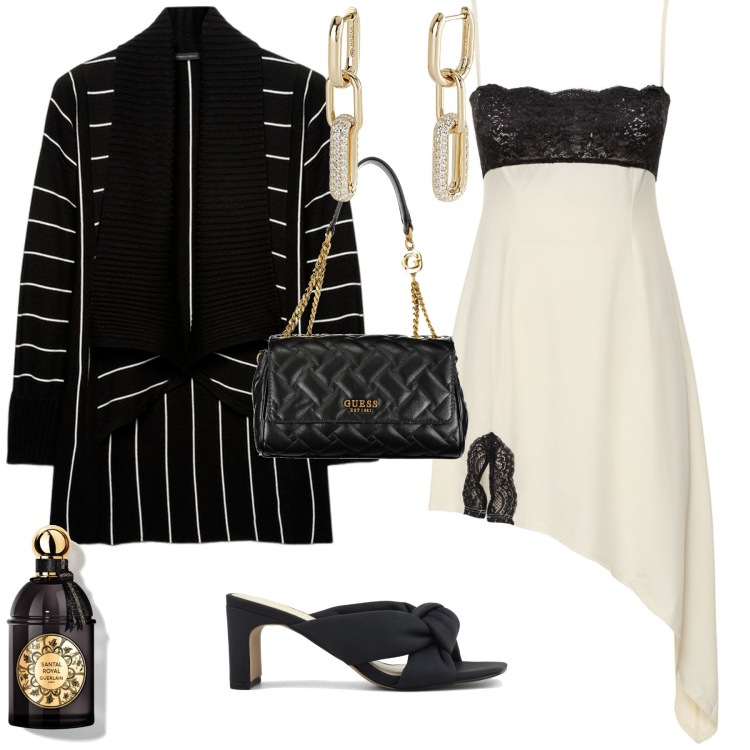 Outfit donna - Chic per una serata speciale. Stile Chic per Serata fuori. Abbinamento con profumi, orecchini, sandali col tacco, vestiti asimmetrici, cardigans, borse a spalla.