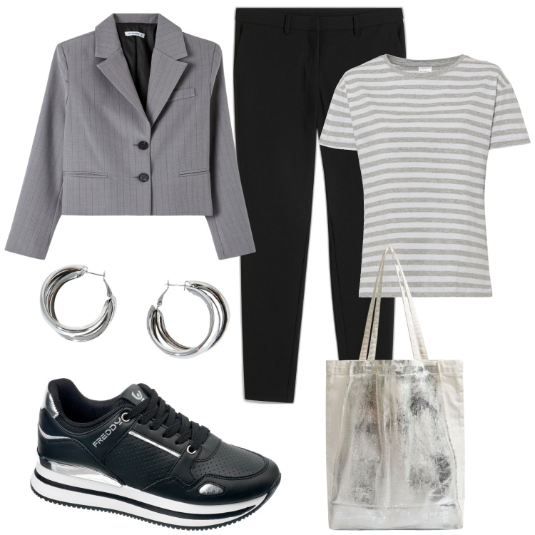 Outfit donna - Per il giorno. Stile Casual chic per Tutti i giorni. Abbinamento con pantaloni, maglieria, blazer, shopping bag, sneakers, orecchini.