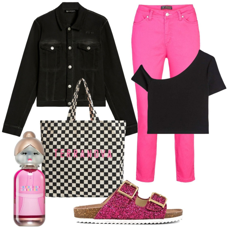 Outfit donna - C\'est la vie. Stile Casual per Tutti i giorni. Abbinamento con pantaloni, profumi, t-shirt, shopping bag, blazer, sandali.