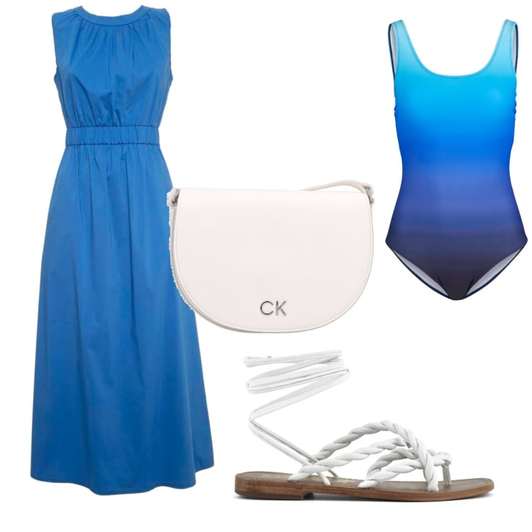 Outfit donna - Essenziale. Stile Basic per Mare. Abbinamento con costumi interi, sandali, vestiti lunghi, borse a tracolla.