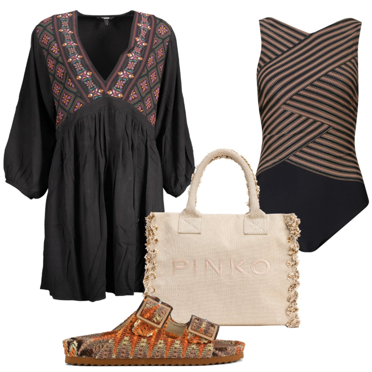 Outfit donna - Mare boho. Stile Boho per Mare. Abbinamento con costumi interi, shopping bag, sandali, vestiti corti.