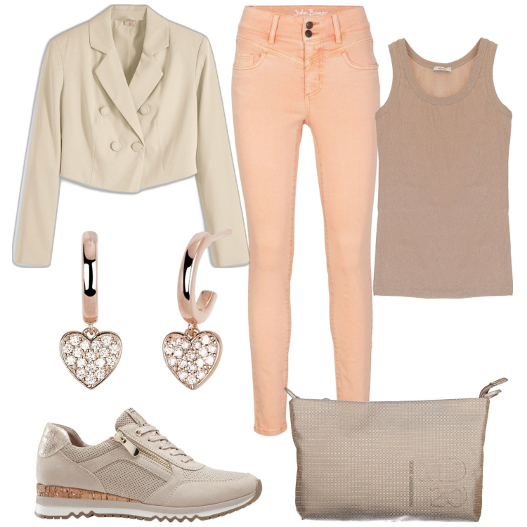 Outfit donna - Primavera. Stile Casual chic per Tutti i giorni. Abbinamento con sneakers, jeans skinny, blazer, orecchini, top, pochette.
