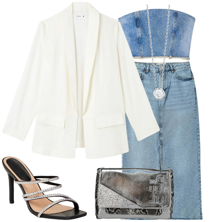 Outfit donna - Discoteca estiva. Stile Casual chic per Serata fuori. Abbinamento con top, gonne lunghe, blazer, sandali col tacco, collane, borse a spalla.