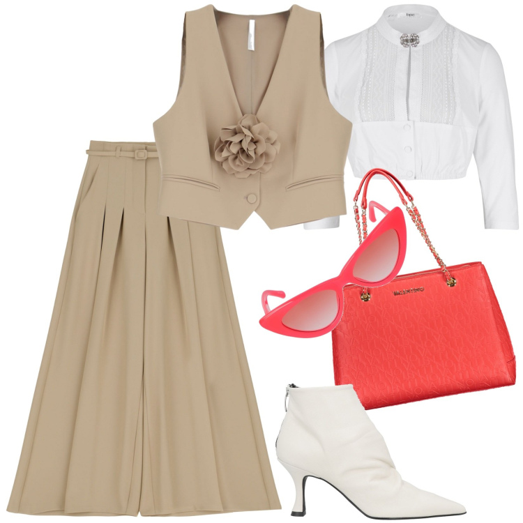 Outfit donna - Total look #1856653. Stile Casual chic per Tutti i giorni. Abbinamento con camicie, stivaletti, pantaloni a palazzo, gilet, borse a spalla, occhiali da sole.