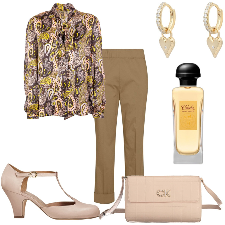Outfit donna - Pantalone e camicia fantasia. Stile Glamour per Tutti i giorni. Abbinamento con décolleté, orecchini, profumi, bluse, pantaloni, borse a tracolla.