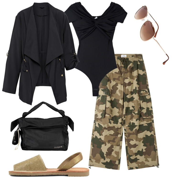 Outfit donna - Giacca moderna con coulisse. Stile Casual per Tutti i giorni. Abbinamento con occhiali da sole, blazer, pantaloni cargo, body, sandali in pelle, borse a spalla.