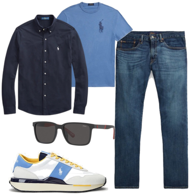 Outfit uomo - City. Stile Casual per Tutti i giorni. Abbinamento con jeans dritti, camicie, sneakers, occhiali da sole, t-shirt.