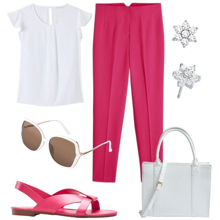 Outfit donna - Aperitivo in centro. Stile Chic per Tutti i giorni. Abbinamento con pantaloni, sandali, occhiali da sole, bluse, shopping bag, orecchini.
