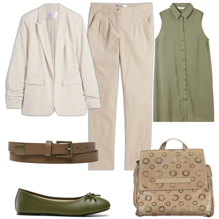 Outfit donna - Al lavoro. Stile Casual chic per Ufficio. Abbinamento con pantaloni chino, ballerine, blazer, camicie, cinture, zaini.