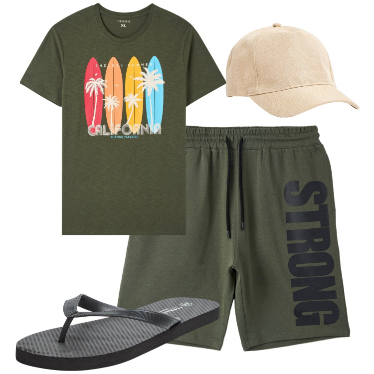 Outfit uomo - Al mare. Stile Casual per Mare. Abbinamento con t-shirt, bermuda, cappelli, sandali.
