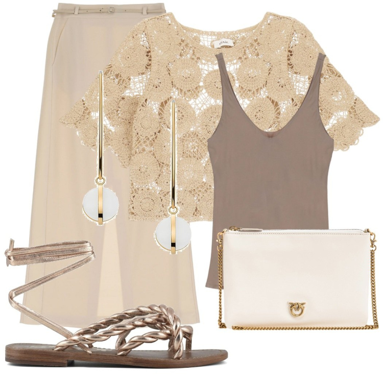 Outfit donna - Vainilla. Stile Bon Ton per Serata fuori. Abbinamento con orecchini, maglieria, canottiere, borse a tracolla, gonne longuette, sandali.
