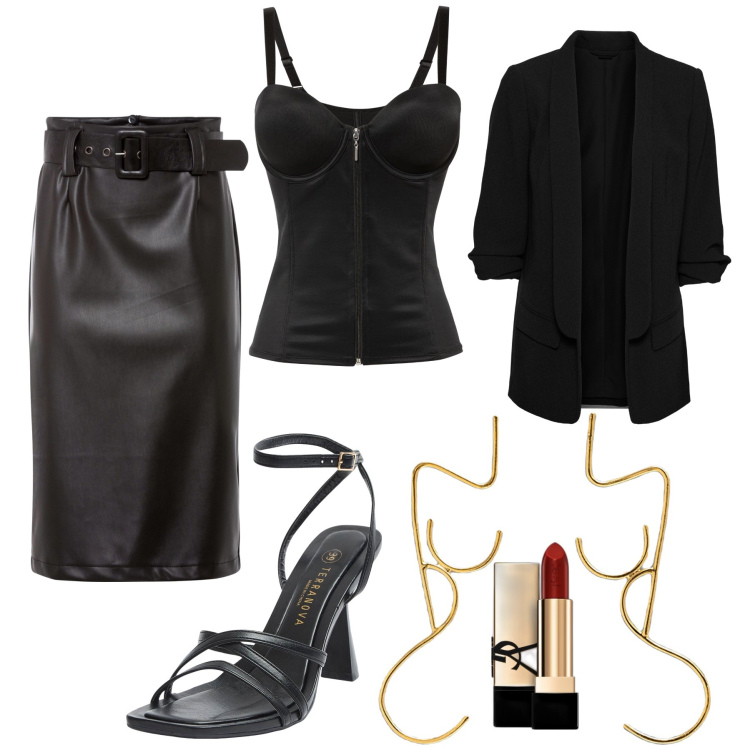 Outfit donna - Sexy in black. Stile Sexy per Serata fuori. Abbinamento con blazer, body, gonne longuette, rossetti, sandali col tacco, orecchini.