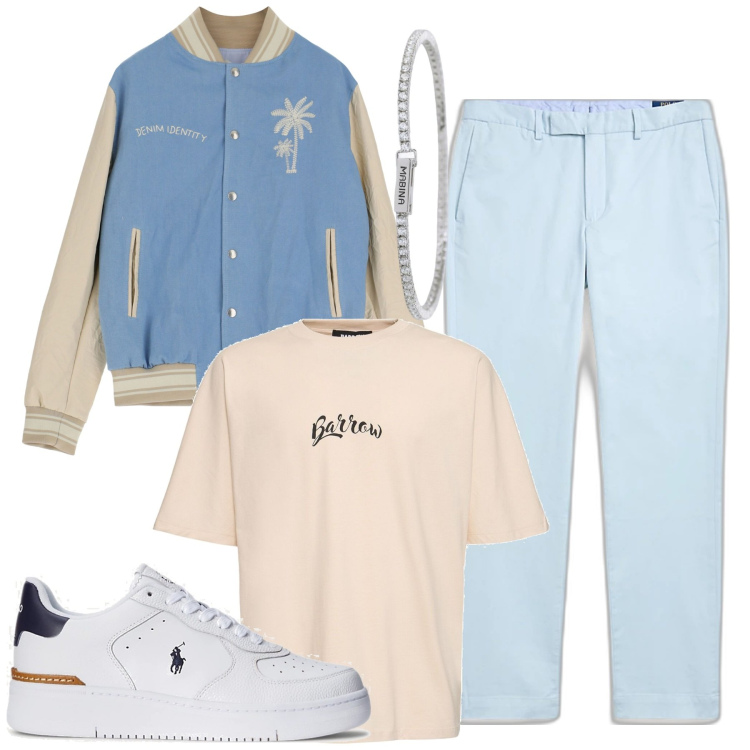 Outfit uomo - City. Stile Trendy per Tutti i giorni. Abbinamento con braccialetti, giacche, sneakers, pantaloni chino, t-shirt.