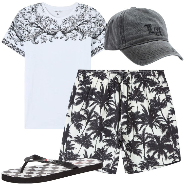 Outfit uomo - Tempo libero. Stile Casual per Tutti i giorni. Abbinamento con sandali, t-shirt, cappelli, bermuda.