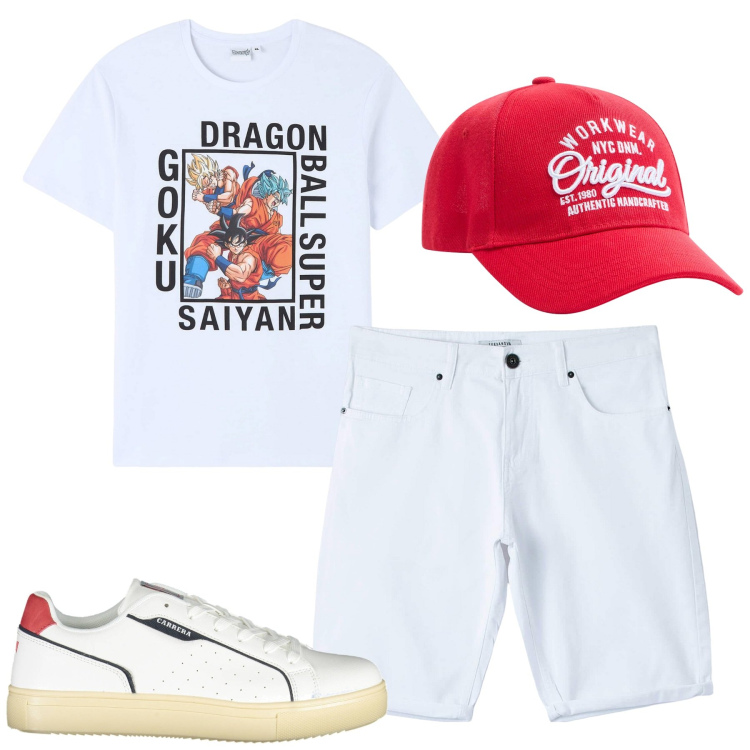 Outfit uomo - Anime. Stile Urban per Tutti i giorni. Abbinamento con cappelli, t-shirt, pantaloni, scarpe sportive.