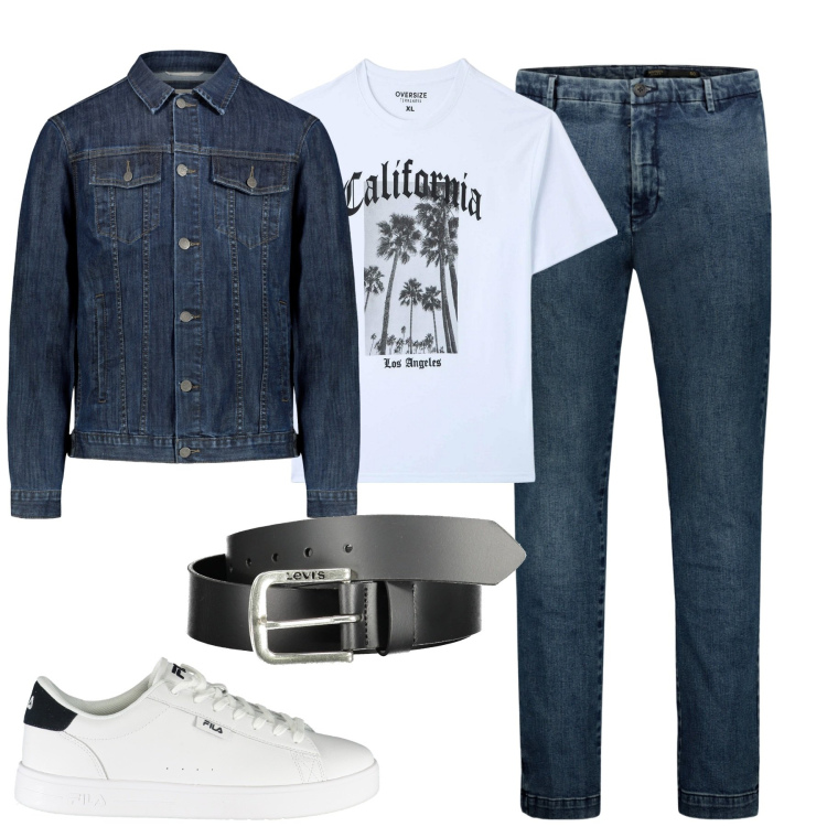 Outfit uomo - Denim di primavera. Stile Casual per Tutti i giorni. Abbinamento con t-shirt, jeans, scarpe sportive, giacche, cinture.