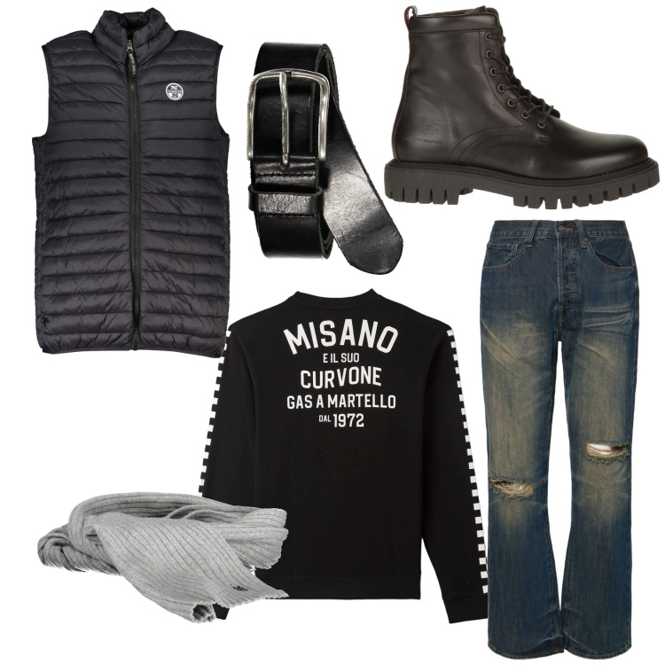 Outfit uomo - Sabato sera. Stile Biker Rock Abbinamento con anfibi, felpe, giacche, jeans dritti, cinture, sciarpe.
