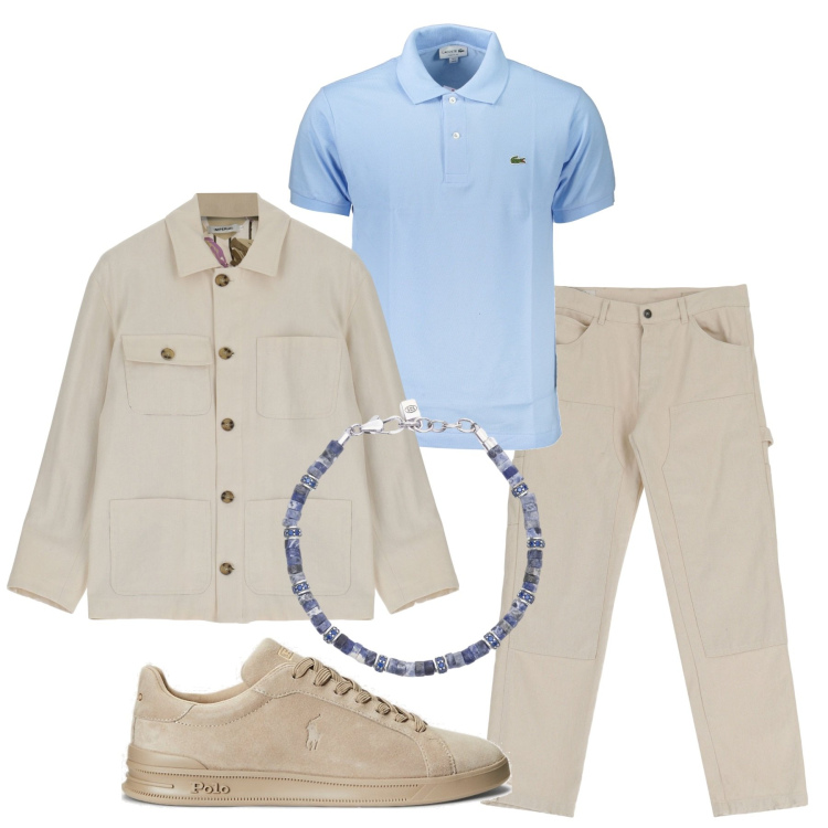 Outfit uomo - Prima vacanza. Stile Casual per Tutti i giorni. Abbinamento con giacche, pantaloni, braccialetti, sneakers, polo.