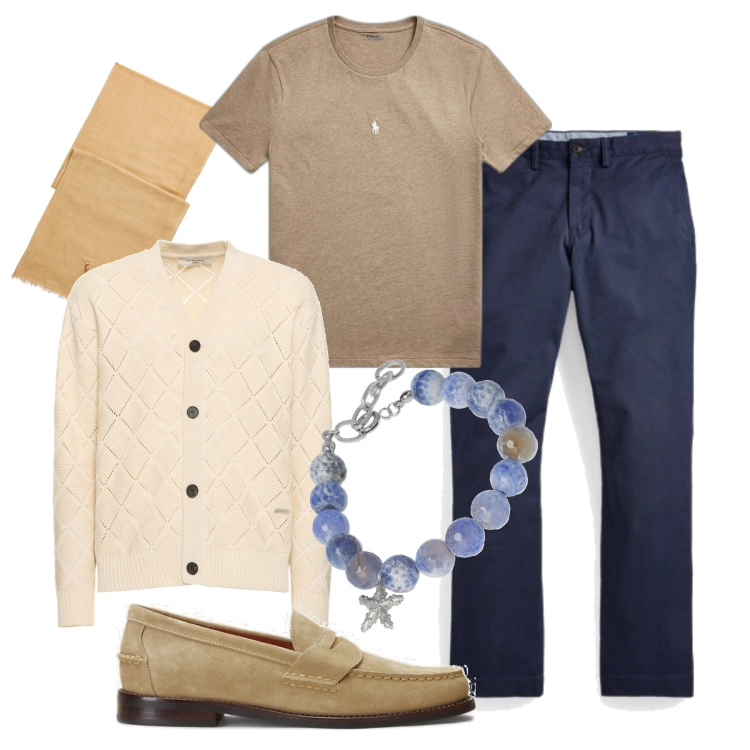 Outfit uomo - Lungomare in cardigan. Stile Casual per Tutti i giorni. Abbinamento con pantaloni, t-shirt, scarpe stringate, sciarpe, cardigans, braccialetti.