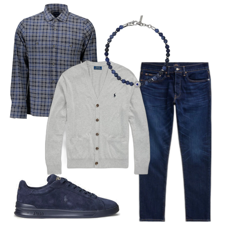 Outfit uomo - Le pietre blu. Stile Casual per Tutti i giorni. Abbinamento con braccialetti, sneakers, jeans, cardigans, camicie.