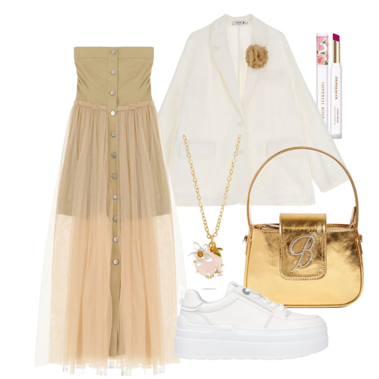 Outfit donna - Ghost outfitter - aprile. Stile Glamour per Serata fuori. Abbinamento con collane, rossetti, sneakers, blazer, vestiti lunghi, borse a mano.