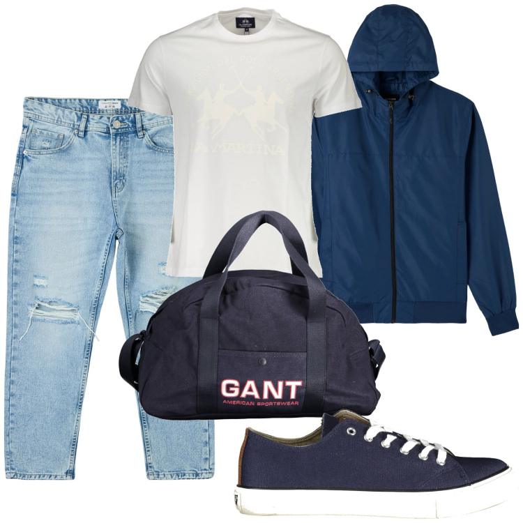 Outfit uomo - Total look #1856830. Stile Casual per Tutti i giorni. Abbinamento con jeans strappati, giacche, borse sportive, scarpe sportive, t-shirt.