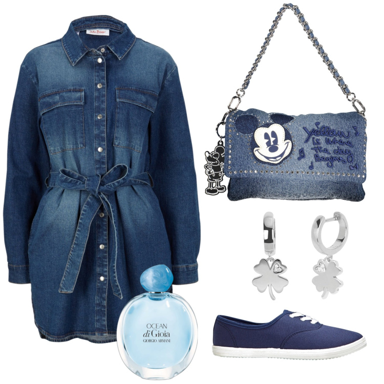 Outfit donna - Topolino in jeans. Stile Casual per Tutti i giorni. Abbinamento con sneakers, vestiti, orecchini, profumi, borse a spalla.