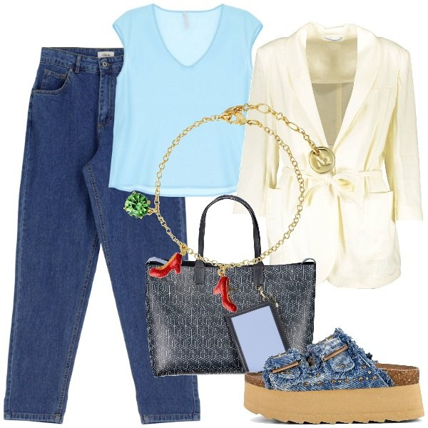 Outfit donna - Total look #1856871. Stile Chic per Tutti i giorni. Abbinamento con braccialetti, canottiere, jeans slim fit, zeppe, blazer, borse a spalla.