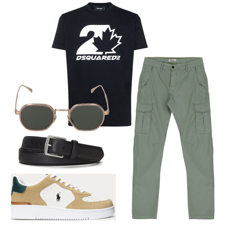 Outfit uomo - Con gli amici. Stile Urban per Tutti i giorni. Abbinamento con pantaloni cargo, cinture, sneakers, occhiali da sole, t-shirt.