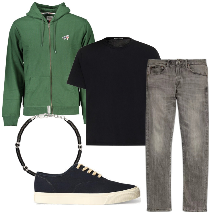 Outfit uomo - City. Stile Casual per Tutti i giorni. Abbinamento con braccialetti, sneakers, jeans, felpe con cappuccio, t-shirt.