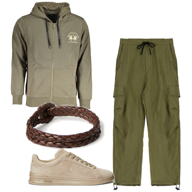 Outfit uomo - City. Stile Urban per Tutti i giorni. Abbinamento con pantaloni cargo, sneakers, braccialetti, felpe con cappuccio.
