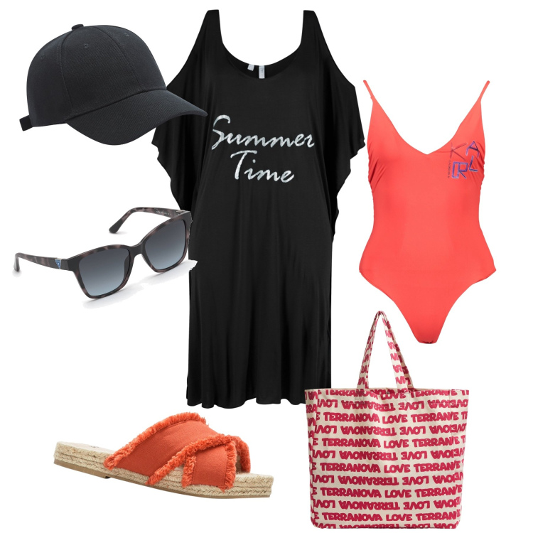 Outfit donna - Pronta per il primo sole. Stile Minimal per Mare. Abbinamento con vestiti da spiaggia, ciabatte, cappelli, borse tote, costumi interi, occhiali da sole.