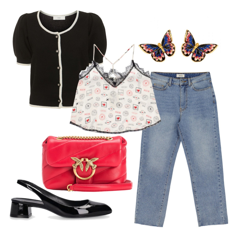 Outfit donna - Butterfly. Stile Casual chic per Tutti i giorni. Abbinamento con orecchini, borse a tracolla, jeans slim fit, top, décolleté, cardigans.