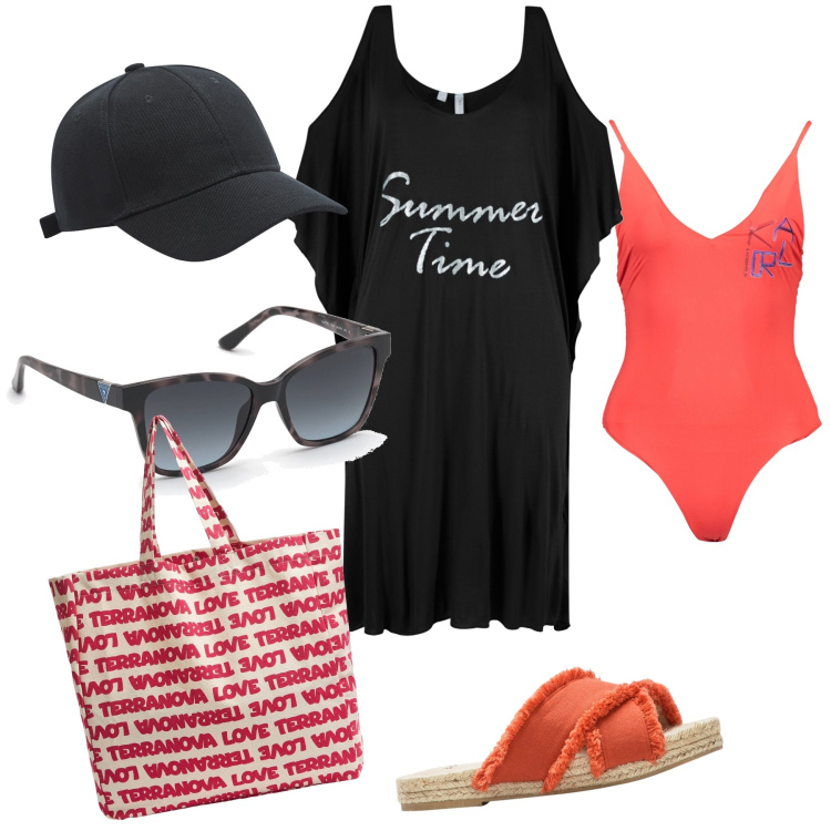 Outfit donna - Primo giorno di spiaggia. Stile Basic per Mare. Abbinamento con vestiti da spiaggia, ciabatte, cappelli, borse tote, occhiali da sole, costumi interi.