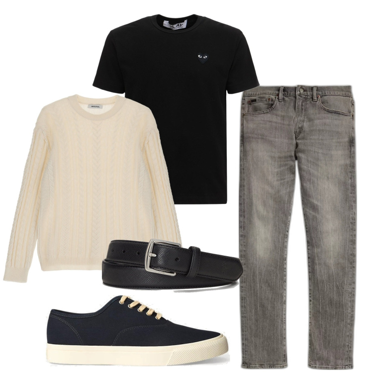 Outfit uomo - Bello in jeans. Stile Casual per Tutti i giorni. Abbinamento con pullovers, sneakers, cinture, jeans, t-shirt.