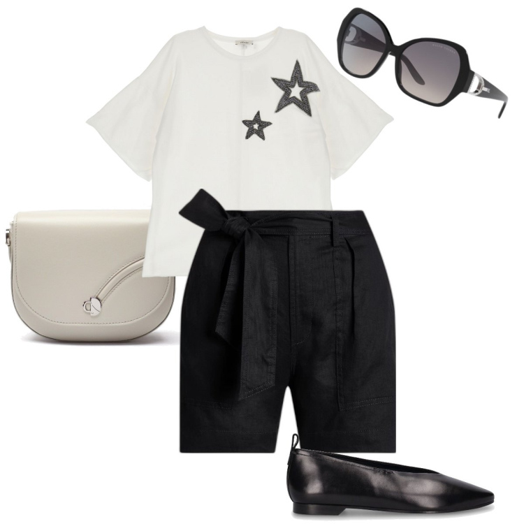 Outfit donna - Minimal chic mood. Stile Minimal per Serata fuori. Abbinamento con t-shirt, occhiali da sole, minigonne, borse a tracolla, ballerine.