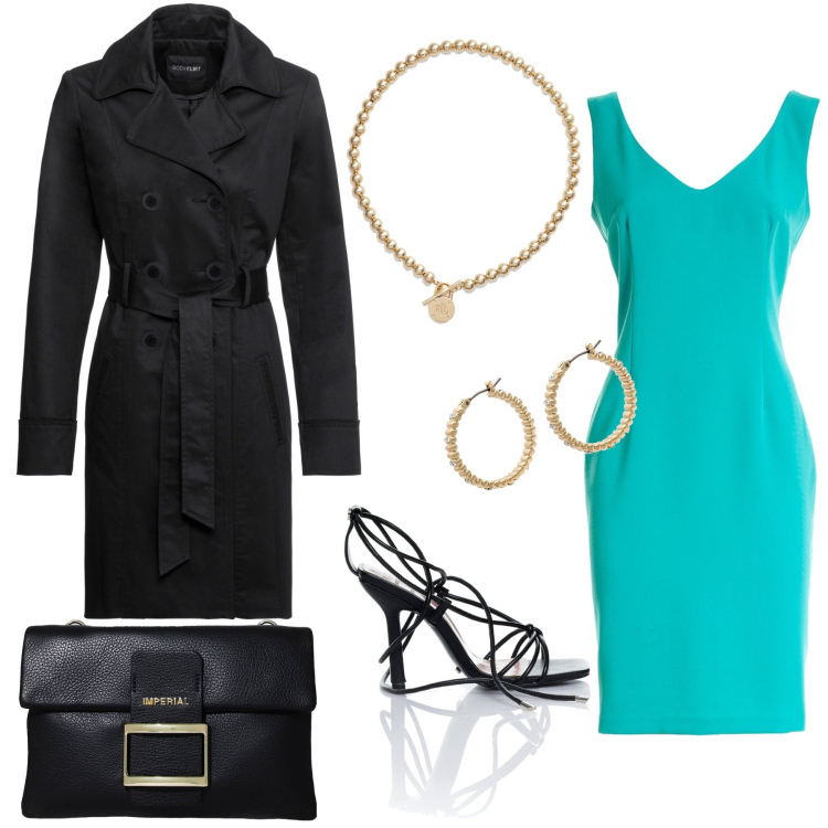 Outfit donna - Tubino acquamarina. Stile Minimal per Serata fuori. Abbinamento con trench, orecchini, vestiti senza maniche, sandali alla schiava, pochette, collane.