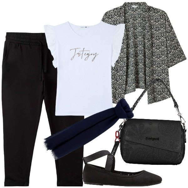 Outfit donna - Minimal chic mood. Stile Minimal per Ufficio. Abbinamento con ballerine, pantaloni, t-shirt, blazer, foulard, borse a spalla.