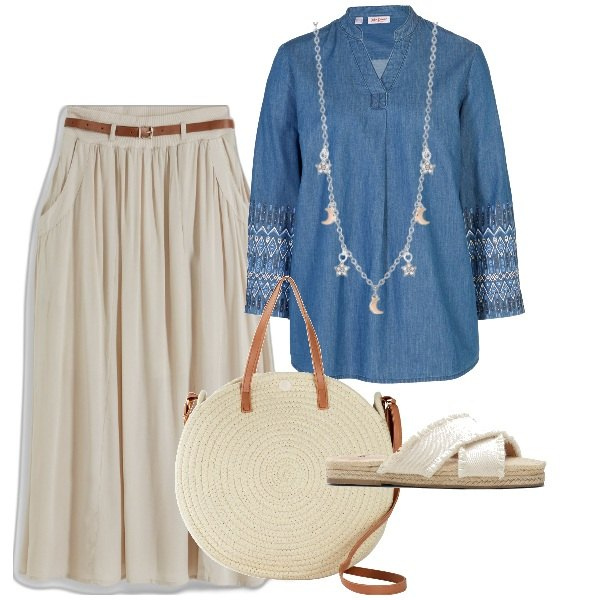Outfit donna - Total look #1856968. Stile Boho per Mare. Abbinamento con gonne lunghe, ciabatte, bluse, shopping bag, collane.
